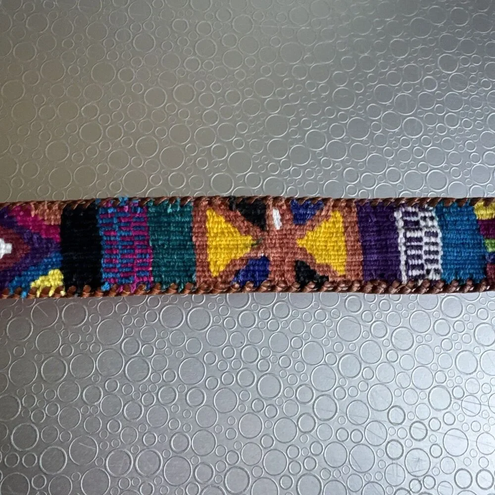 Vintage Handmade Guatemala Woven Belt 32 Cotton Leather Aztec Folk Art Southwest